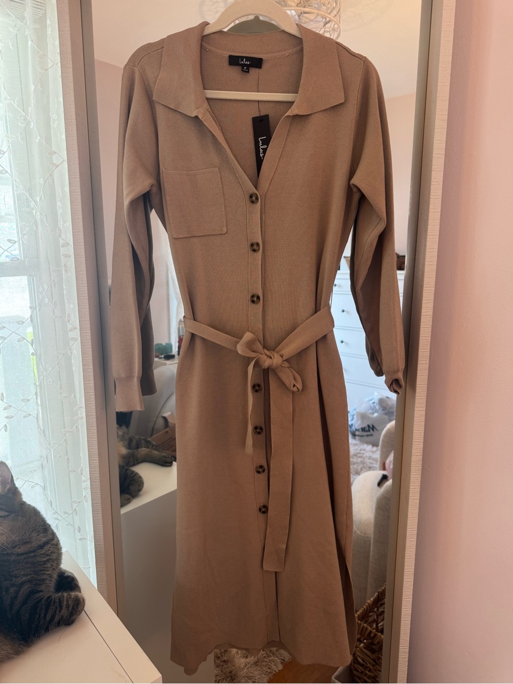 Lulu's Camel Button-Front Belted Long Sleeve Shirt Dress